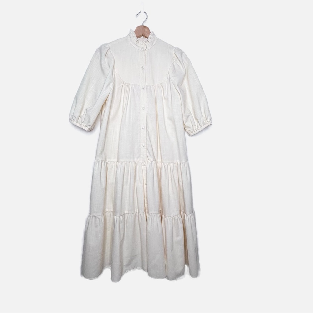 Vintage Dress Hawaii Ivory Button Front Tiered Puff Sleeve Midi Dress S/M EU